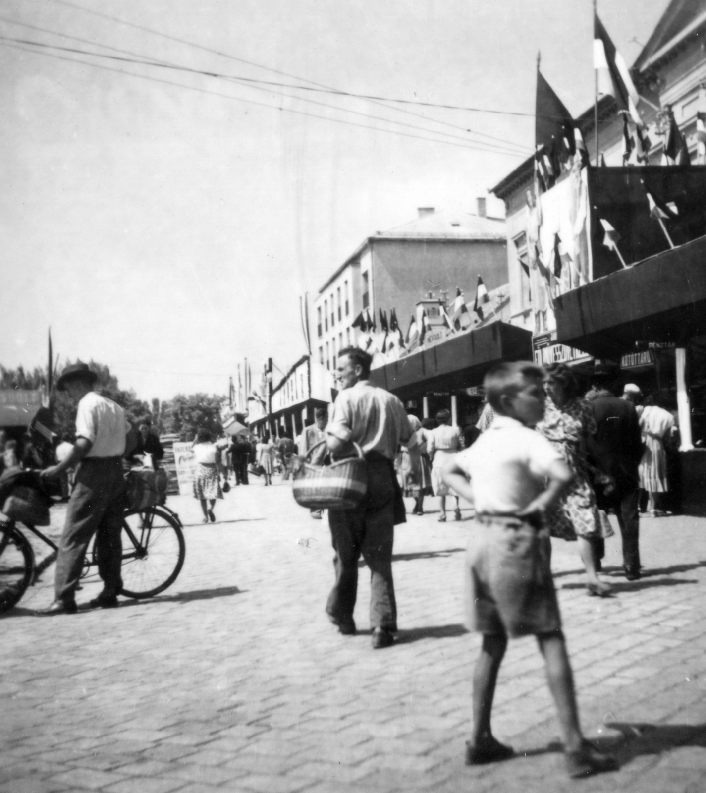 Hungary, Baja, Szentháromság (Béke) tér., 1953, Barabás Sarolta, basket, man, flag, row of shops, Fortepan #216952