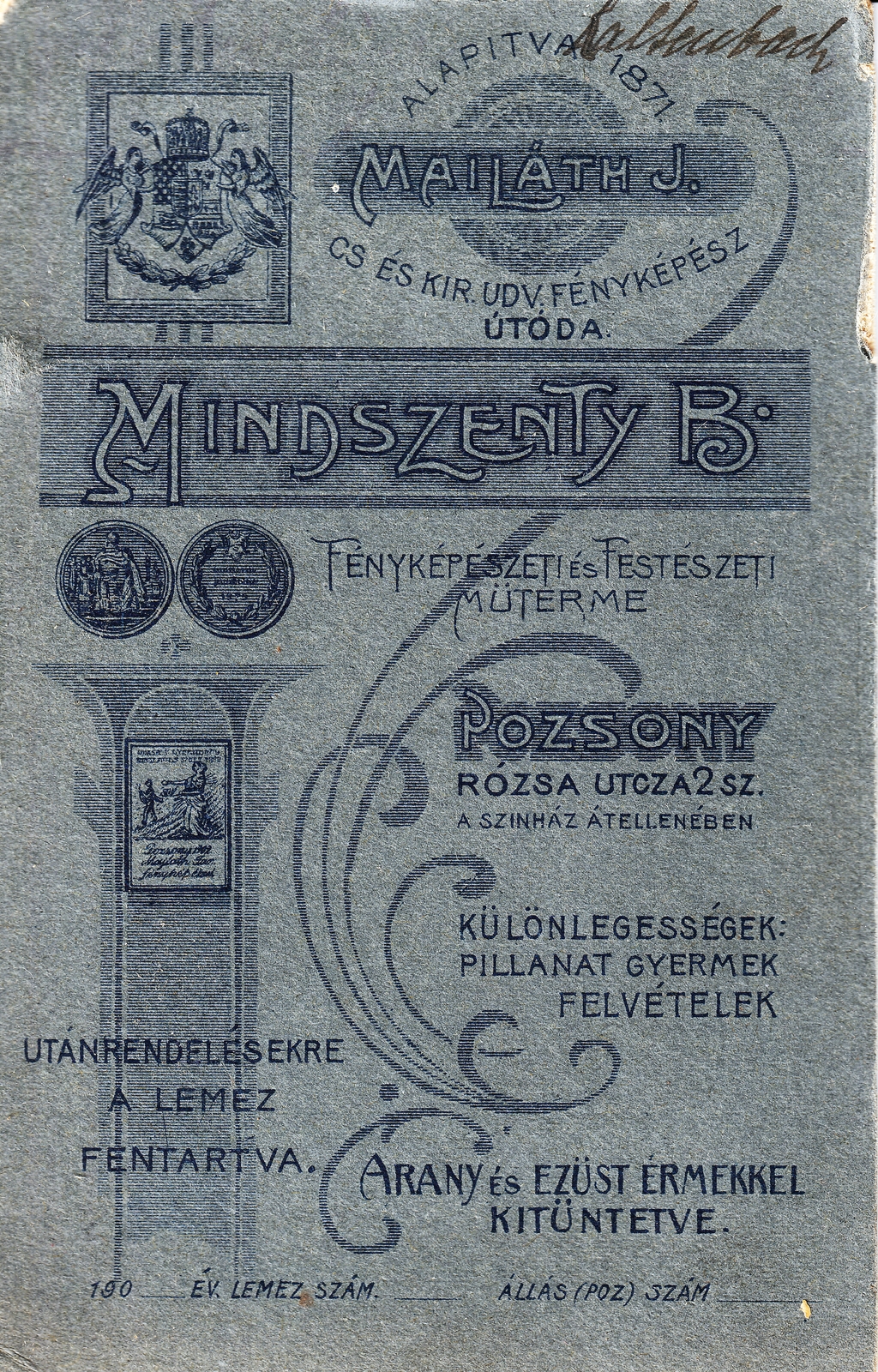 Slovakia, Bratislava, Rózsa utca 2., Mindszenty Béla fényképészeti és festészeti műterme., 1904, Juhász Gábor, studio, verso, photographer, Fortepan #217191