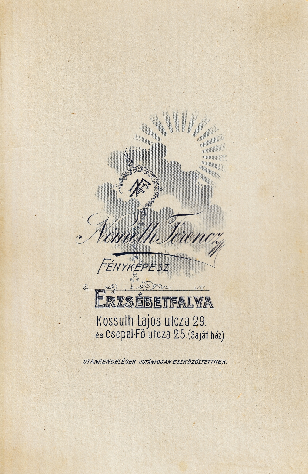 Magyarország, Budapest XX., Kossuth Lajos utca 29. / Fő utca 25., Németh Ferenc fényképész., 1920, Juhász Gábor, hátlap, fényképész, Budapest, Fortepan #217197