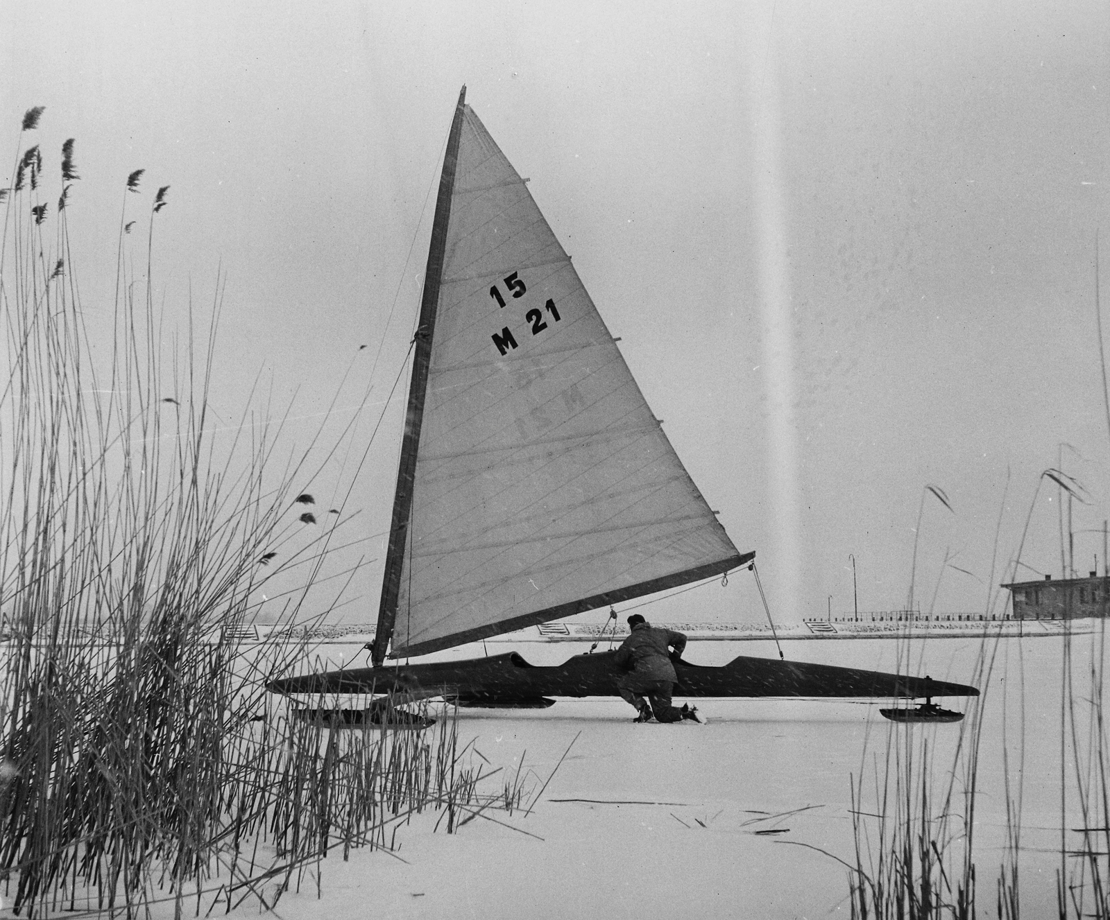 Hungary, Balatonfüred, jégvitorlás., 1956, Kotnyek Antal, sailboat, Fortepan #21723