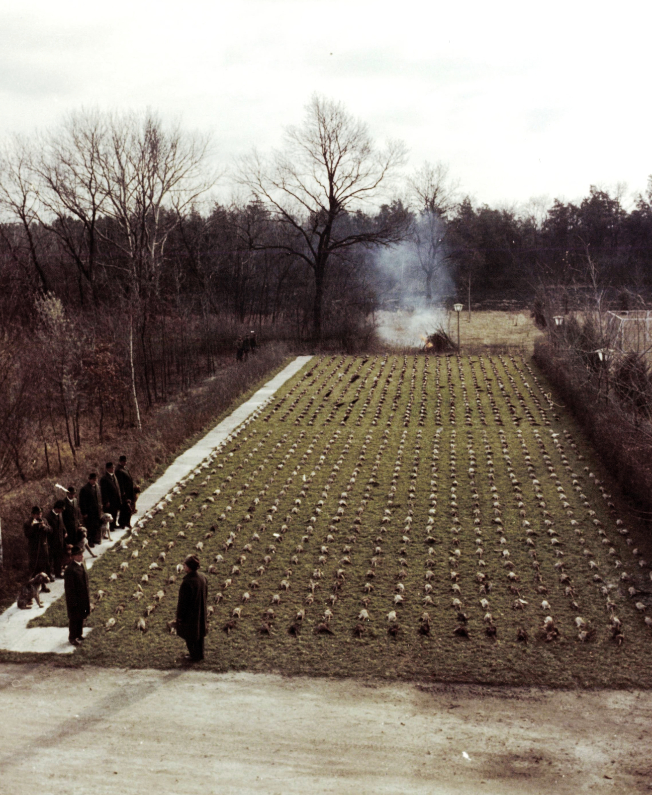 Magyarország, előtérben Kádár János a Magyar Szocialista Munkáspárt vezetője, vadászat után megtekinti a terítéket., 1982, Fortepan/Album059, színes, vadászat, teríték, Fortepan #217284