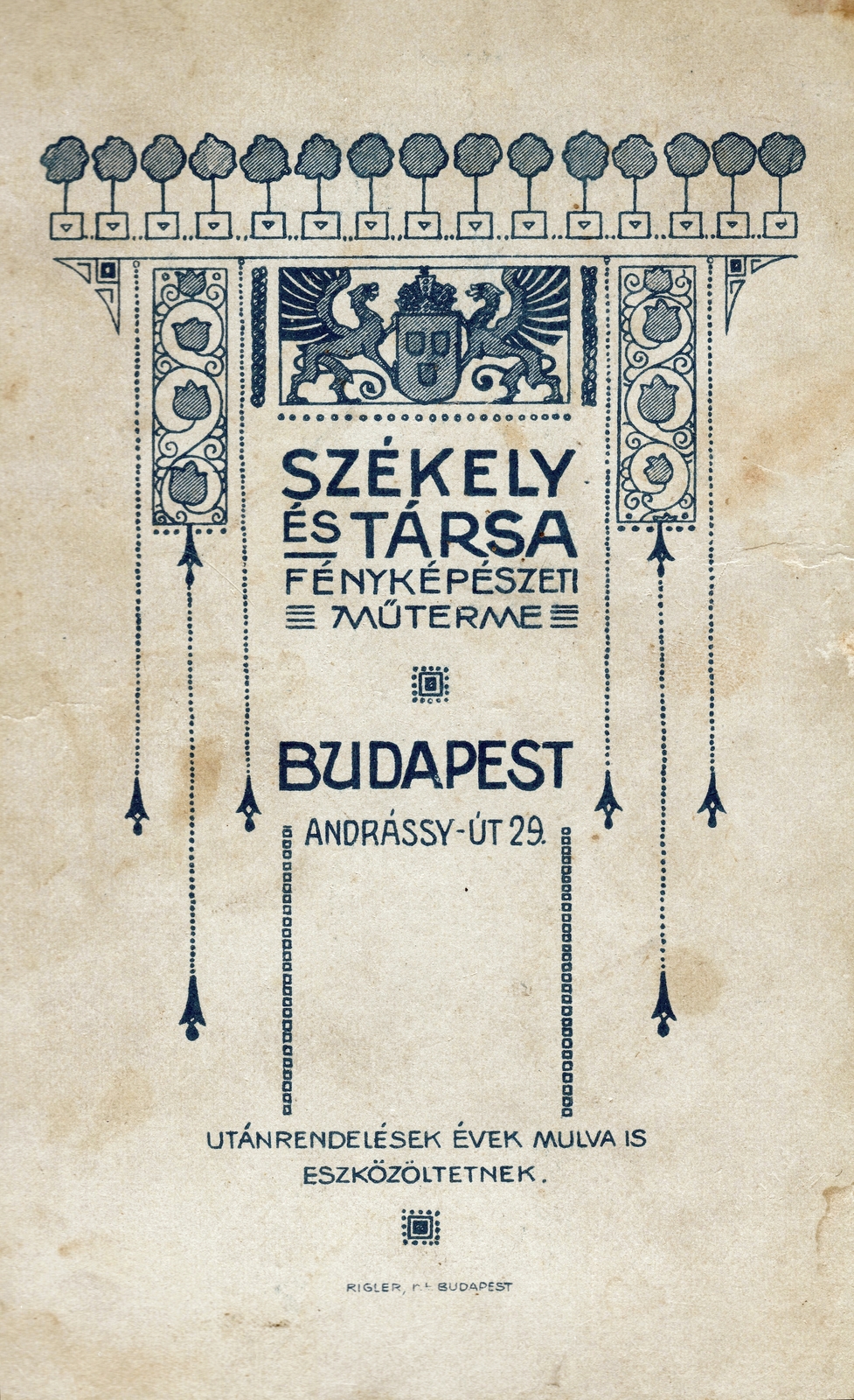 Hungary, Budapest VI., Andrássy út 29., Székely L. és társa fényképészeti műterme., 1909, Keresztesi Péter, photographer, verso, Budapest, Fortepan #217307