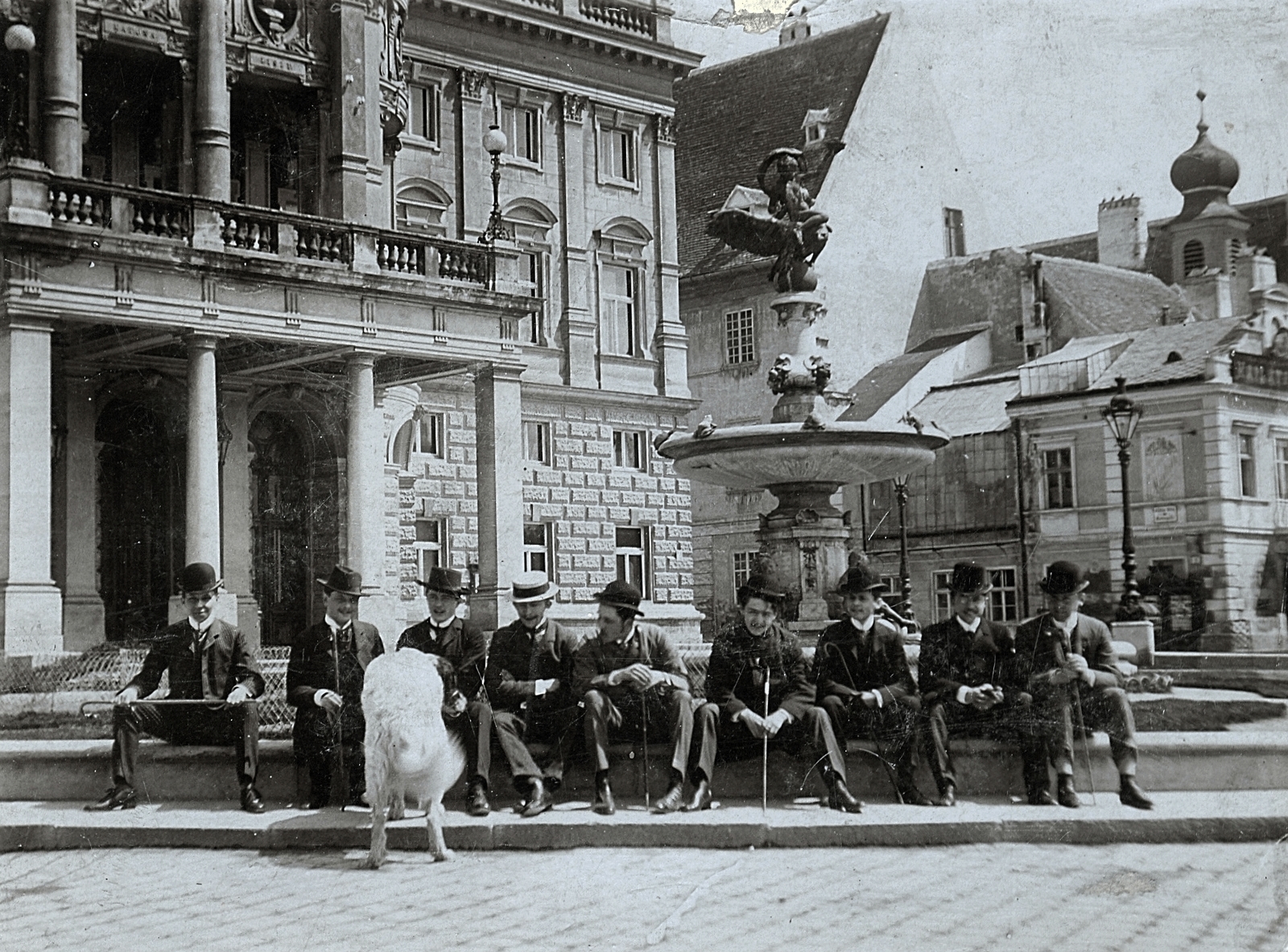 Slovakia, Bratislava, Hviezdoslavovo námestie, Ganümédesz-kút a Városi Színház (ma Nemzeti Színház) előtt., 1910, Pohl Pálma, dog, tableau, bowler hat, Saint Bernard dog, Fortepan #217400