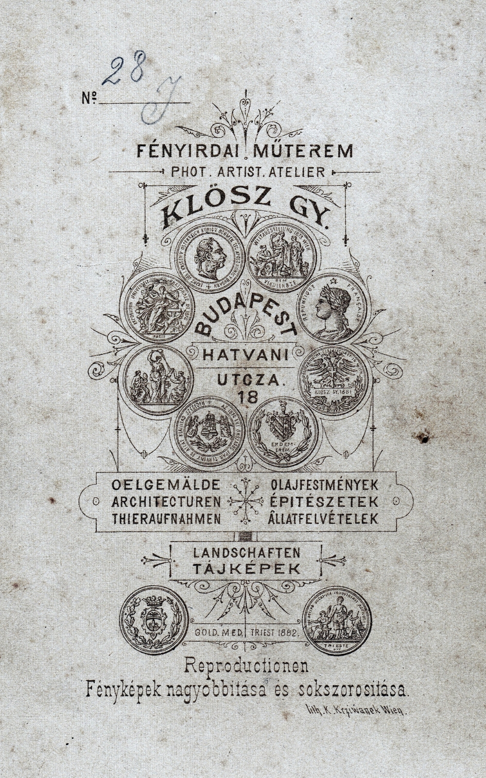 Magyarország, Budapest V., Kossuth Lajos utca (Hatvani utca 18.), Klösz György fényirdai műterme., 1900, Selmeczi Levente, hátlap, fényképész, műterem, Budapest, Fortepan #217465