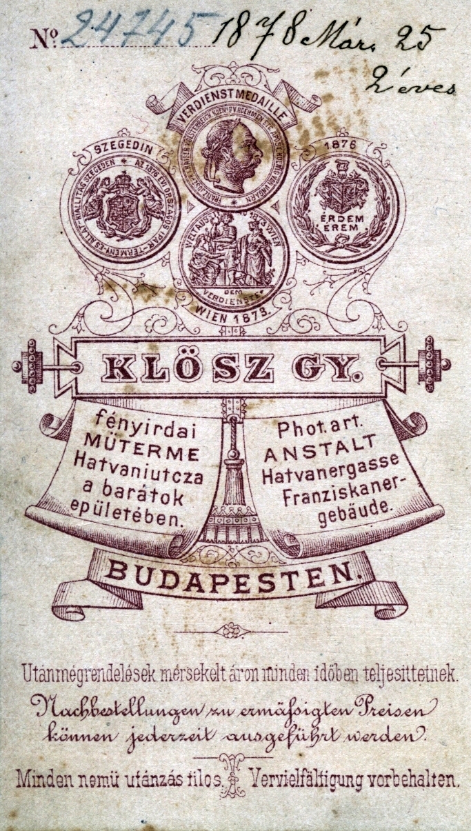 Magyarország, Budapest V., Kossuth Lajos (Hatvani) utca, Klösz György fényirdai műterme a ferences barátok épületében., 1900, Vedres Ágnes, Klösz György és Fia Grafikai Rt, hátlap, Budapest, Fortepan #217506