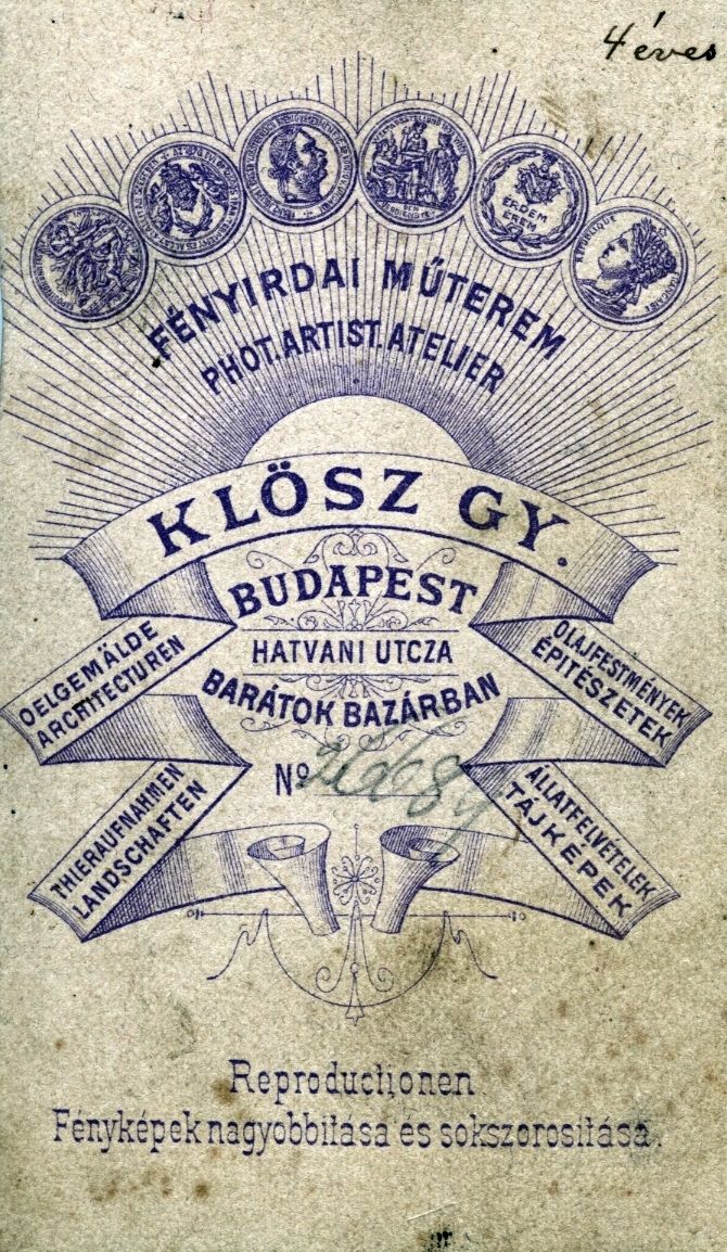 Magyarország, Budapest V., Kossuth Lajos (Hatvani) utca, Klösz György fényirdai műterme a ferences barátok épületében., 1900, Vedres Ágnes, hátlap, fényképész, műterem, Budapest, Fortepan #217509
