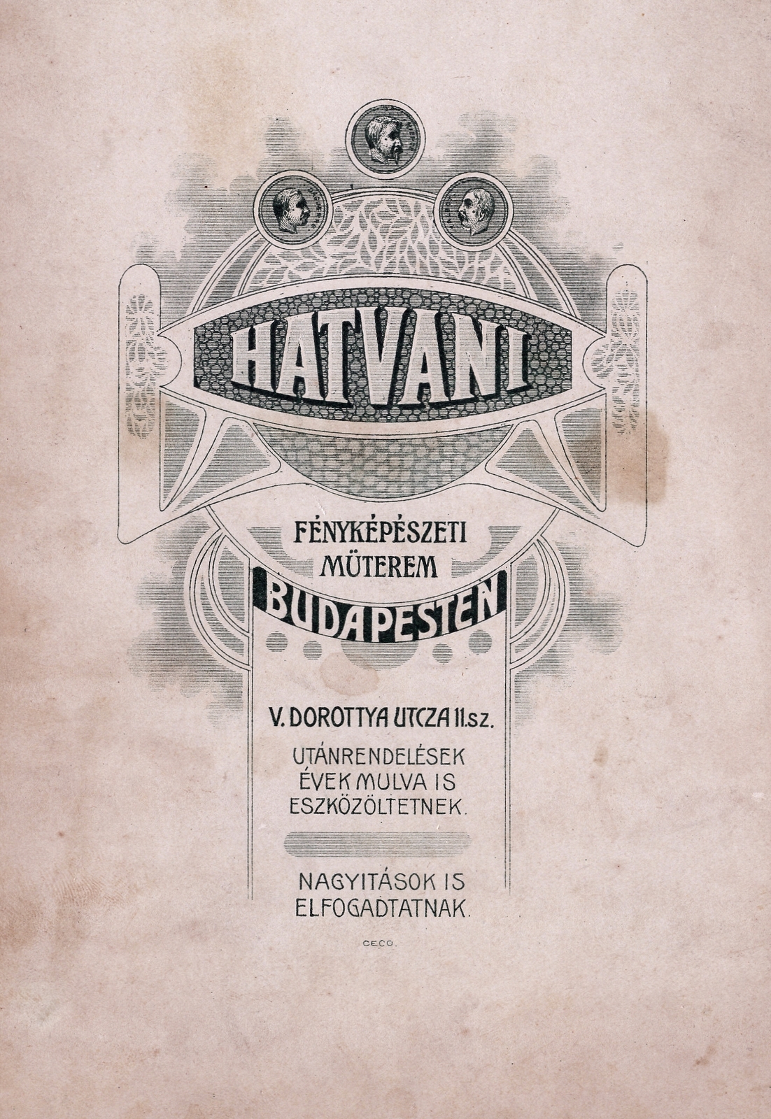 Hungary, Budapest V., Dorottya utca 11., Hatvani fényképészeti műterme., 1910, Csuthy András, studio, photographer, verso, Budapest, Fortepan #217605