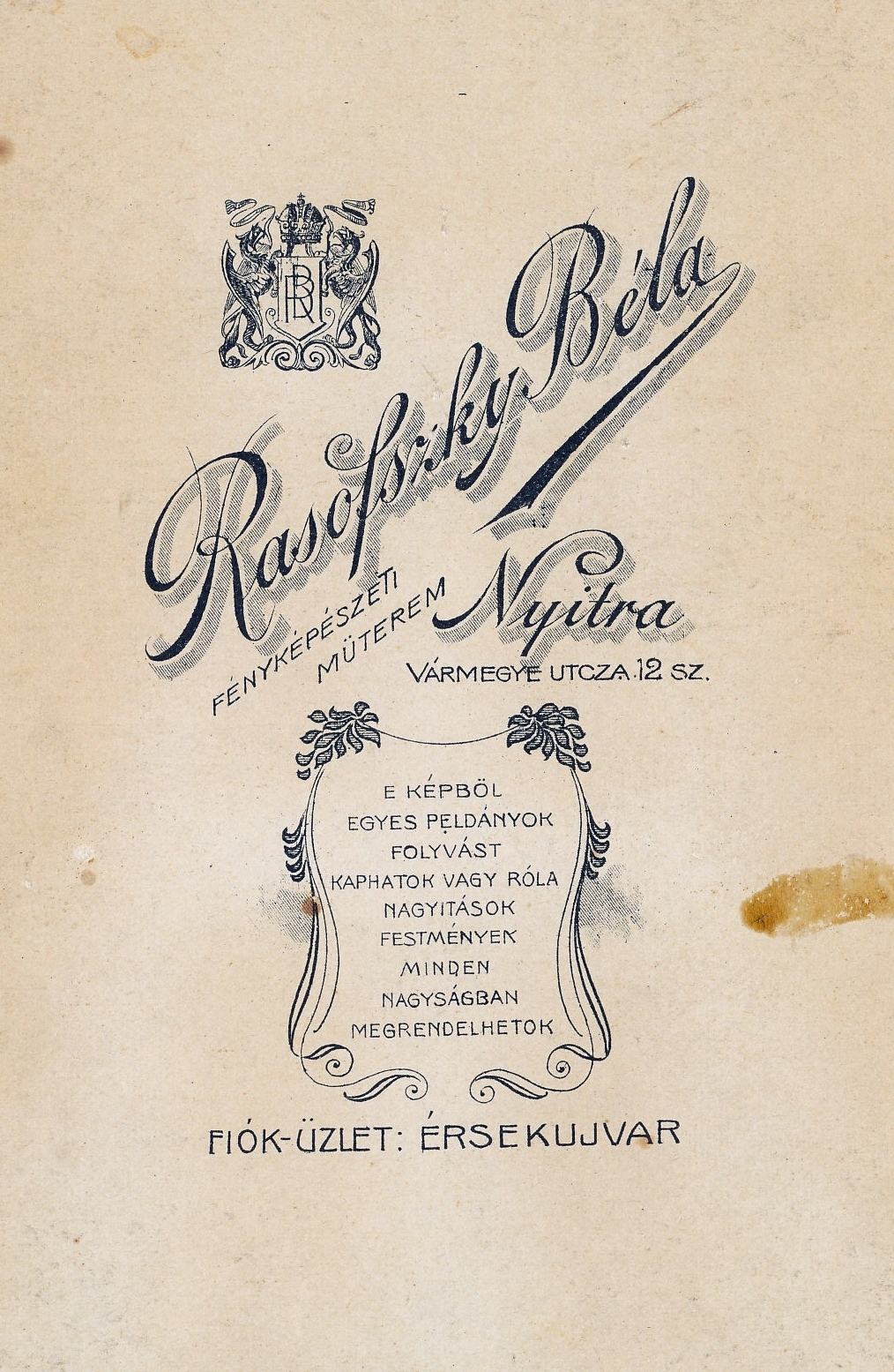 Nyitra, 1904, Csuthy András, műterem, hátlap, fényképész, Fortepan #217611