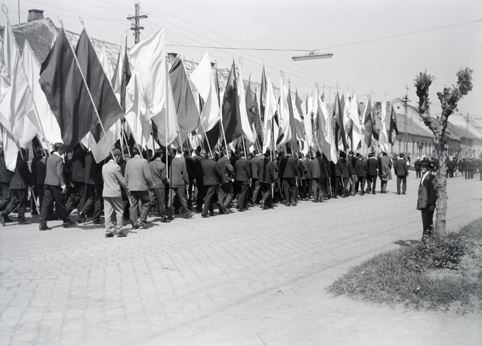 Hungary, Esztergom, Kossuth Lajos utca (11-es főút), május 1-i felvonulás. Háttérben fától takarva a Ferencesek Szent Anna-templomának tornya., 1974, Almássy László, carrying, flag, Fortepan #217965