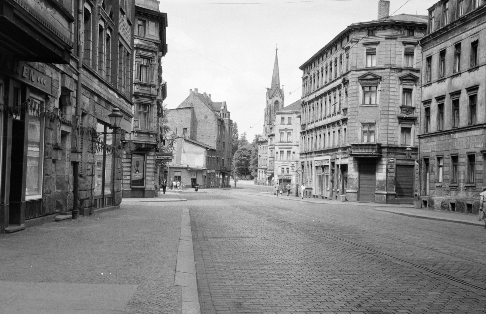 Németország, Lipcse, Göhlerstrasse a Prellerstrasse kereszteződésénél, szemben a Friedenskirche / Paxkirche., 1963, BL, NDK, Fortepan #218120