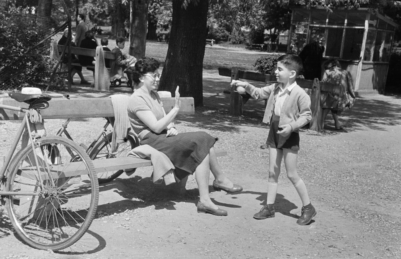 1956, BL, bicycle, kid, mother, toy, Fortepan #218257