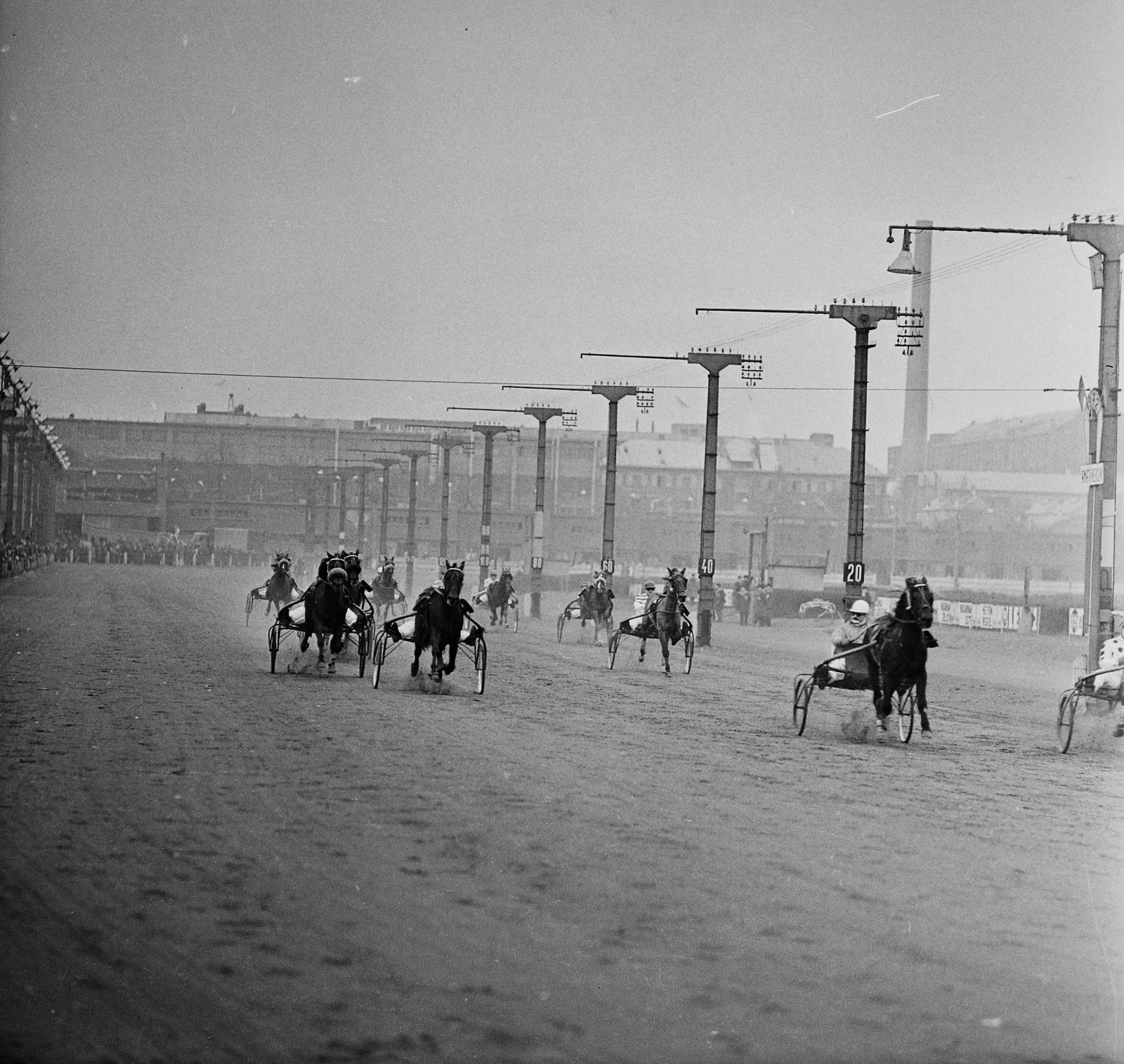 Magyarország, Budapest VIII., Kerepesi úti Ügetőpálya, befutóegyenes, háttérben a gumigyár., 1973, Kotnyek Antal, sport, lóverseny, Budapest, Fortepan #21832