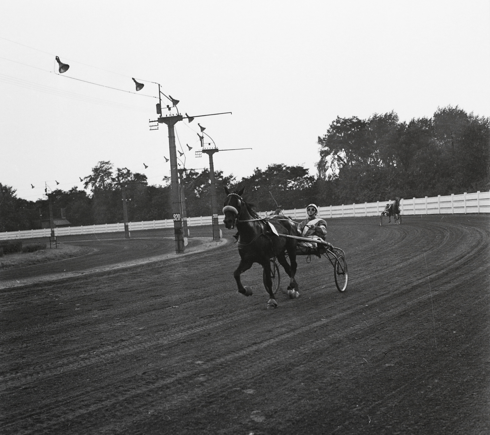 Hungary, Budapest VIII., Kerepesi út, Ügetőpálya, tattersalli kanyar. Sipos Tamás amatőrhajtó a szulkiban., 1973, Kotnyek Antal, horse race, Budapest, Fortepan #21838