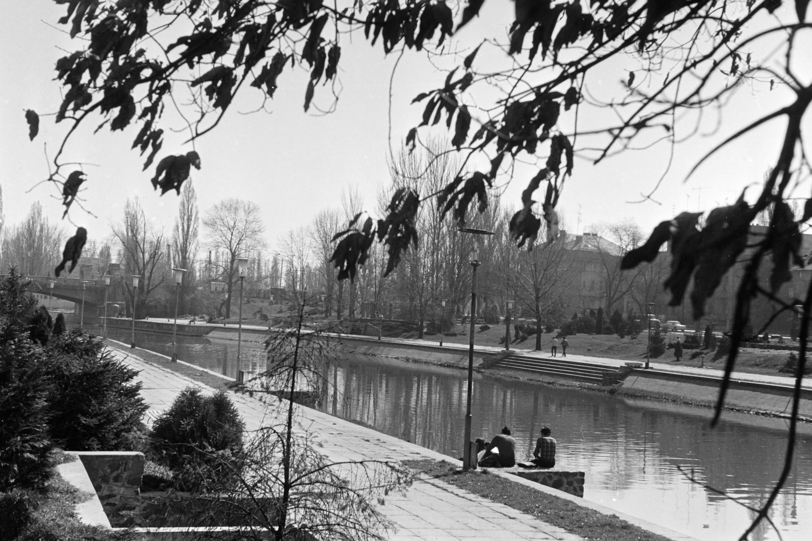 Romania,Transylvania, Timisoara, Béga folyó, kilátás a Katedrális Park (Parcul Catedralei) felől. Balra a háttérben a Vitéz Mihály híd (Podul Mihai Viteazu), 1985, Dőri András, Fortepan #218725