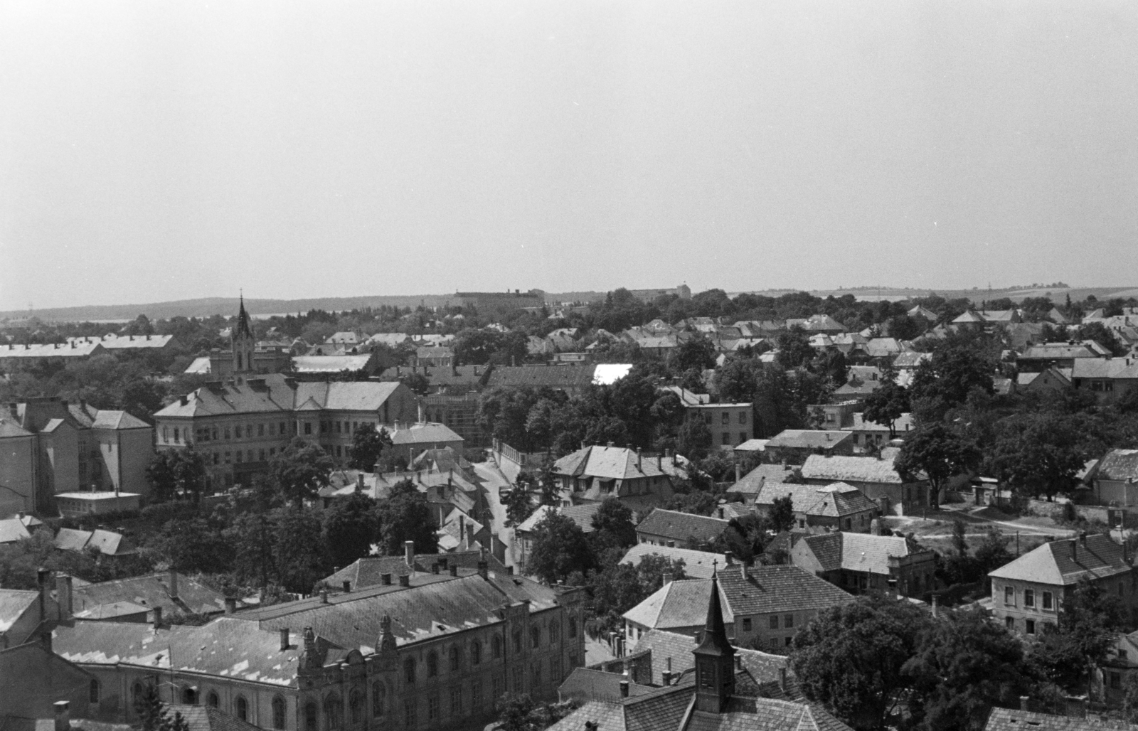 Magyarország, Veszprém, kilátás a Tűztoronyból, előtérben a Szent Anna-kápolna tornya, középen a Toborzó utca. Balra a Regina Mundi templom tornya látszik., 1960, Krantz Károly, háztető, Fortepan #219328