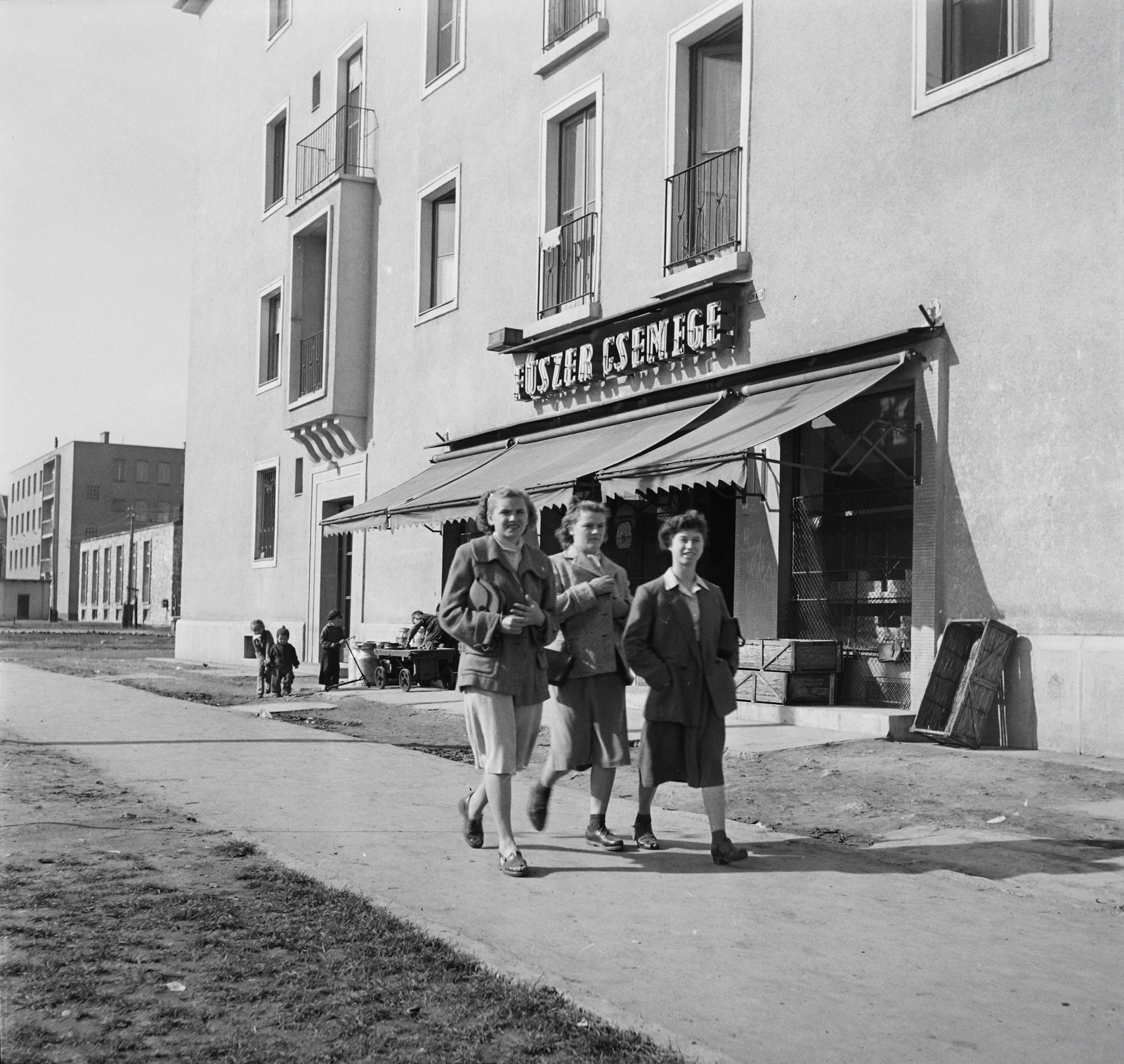 Hungary, Miskolc, Bajcsy-Zsilinszky út 35., háttérben a Petőfi Kollégium., 1960, Kotnyek Antal, shop, sign-board, women, street view, genre painting, chest, handbarrow, milk can, grocery store, Fortepan #21953