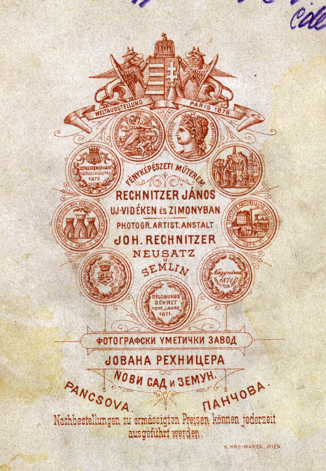 Újvidék, 1908, Háy András, hátlap, fényképész, műterem, Fortepan #220162