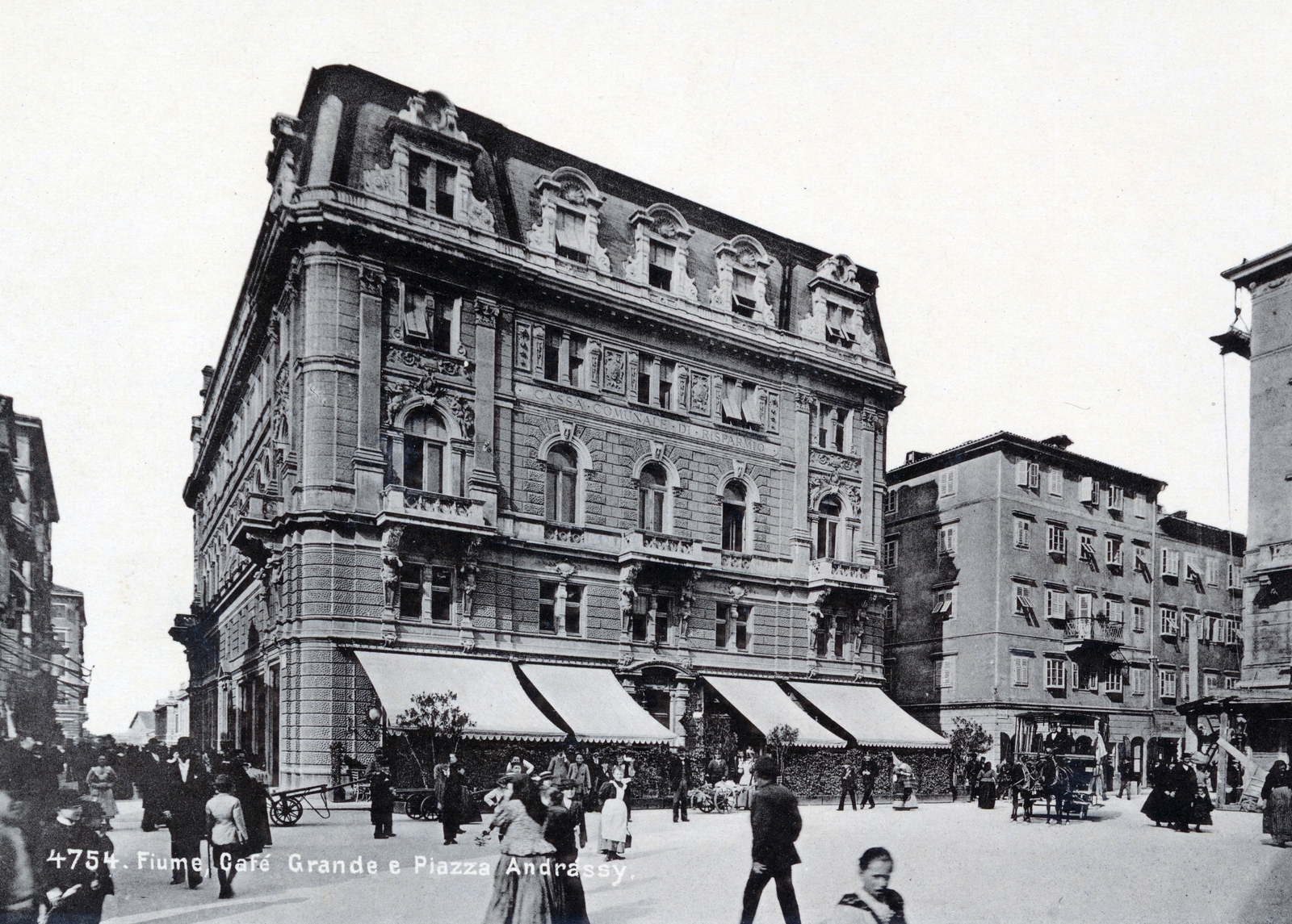 Croatia,Adriatic Sea, Rijeka, Andrássy tér, ma Adamićeva ulica, Grand Café., 1900, Hámornik Balázs, Horse-drawn carriage, terrace, coffee house, carrier, awning, Fortepan #220253