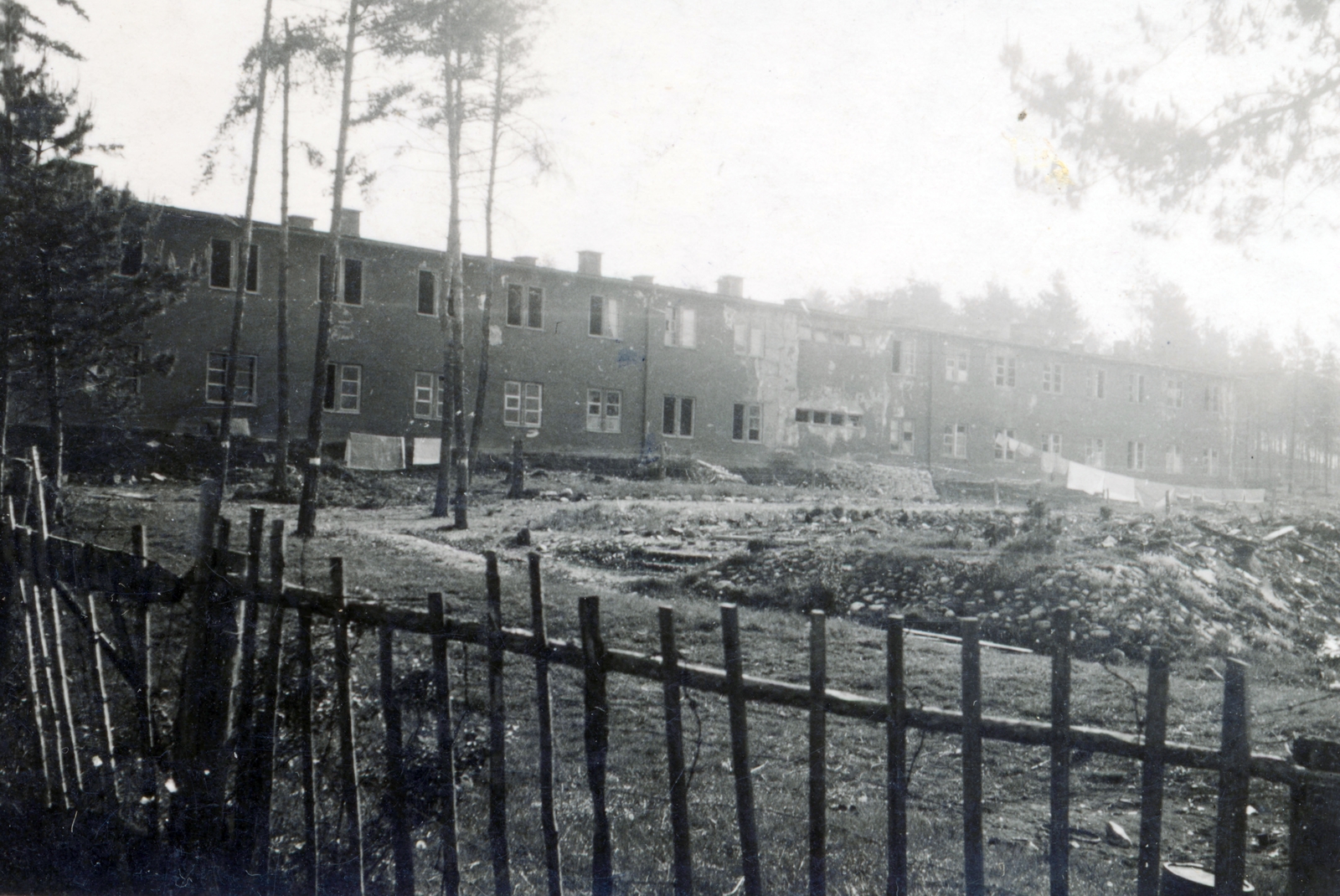 Ausztria, Hall in Tirol, menekültek szálláshelye., 1947, Hámornik Balázs, mosás, kerítés, barakk, fenyőfa, Fortepan #220261