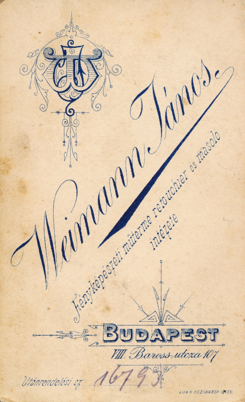 Magyarország, Budapest VIII., Baross utca 107., Weimann János fényképészet műterme retouchiet és másoló intézete., 1903, Hámornik Balázs, hátlap, fényképész, műterem, Budapest, Fortepan #220342