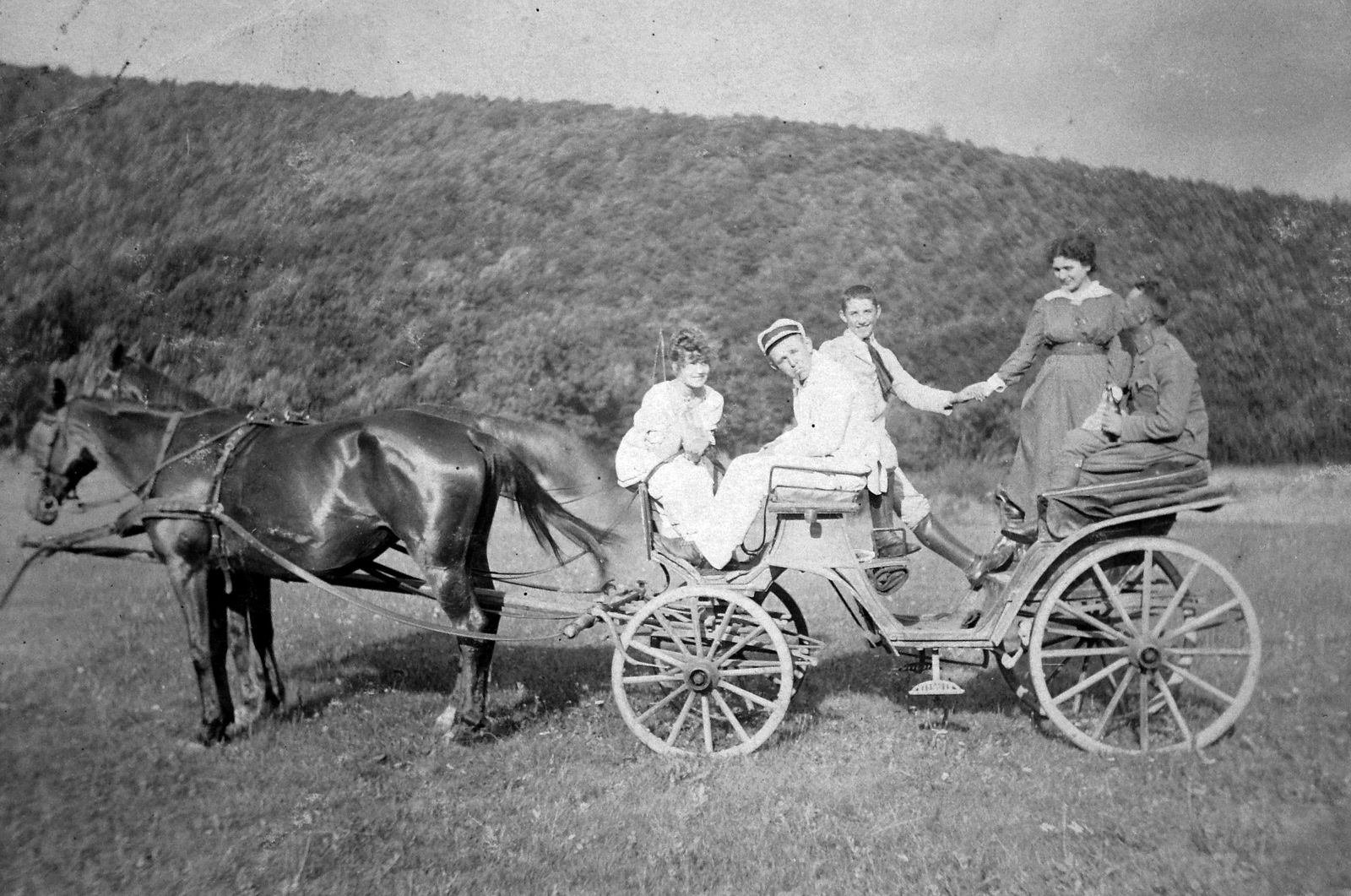 1910, Lakatos Mária, woods, horse, carriage, tableau, women, men, field, coach, Fortepan #22058