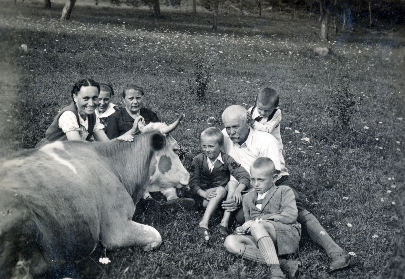 Slovakia, 1941, Matthaeidesz Konrád, cattle, tableau, family, generations, sitting on the ground, Fortepan #220869