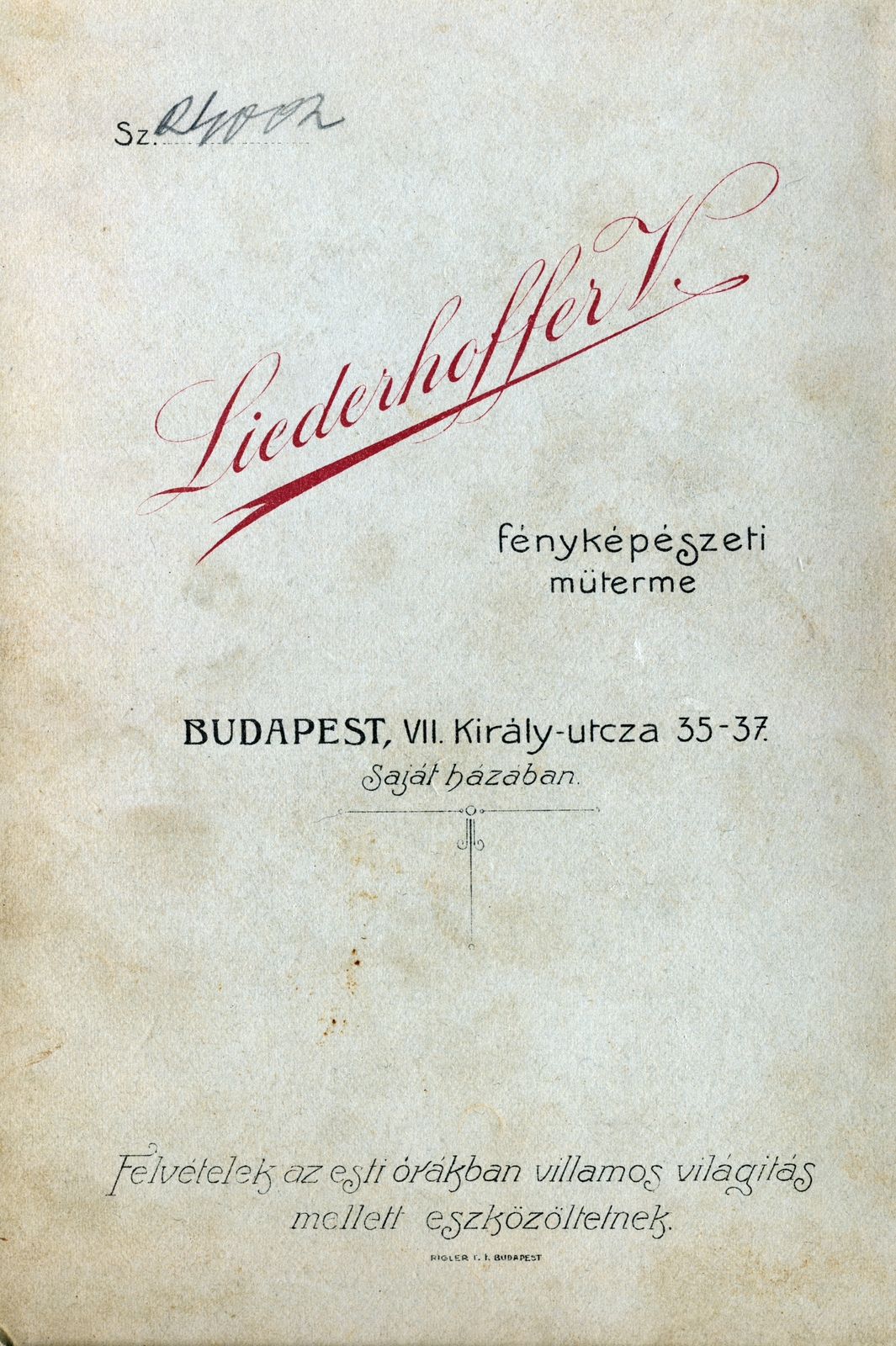 Magyarország, Budapest VII., Király utca 35-37., Leiderhoffer Vilmos fényképészeti műterme., 1900, Laborcz György, hátlap, fényképész, műterem, Budapest, Fortepan #221172