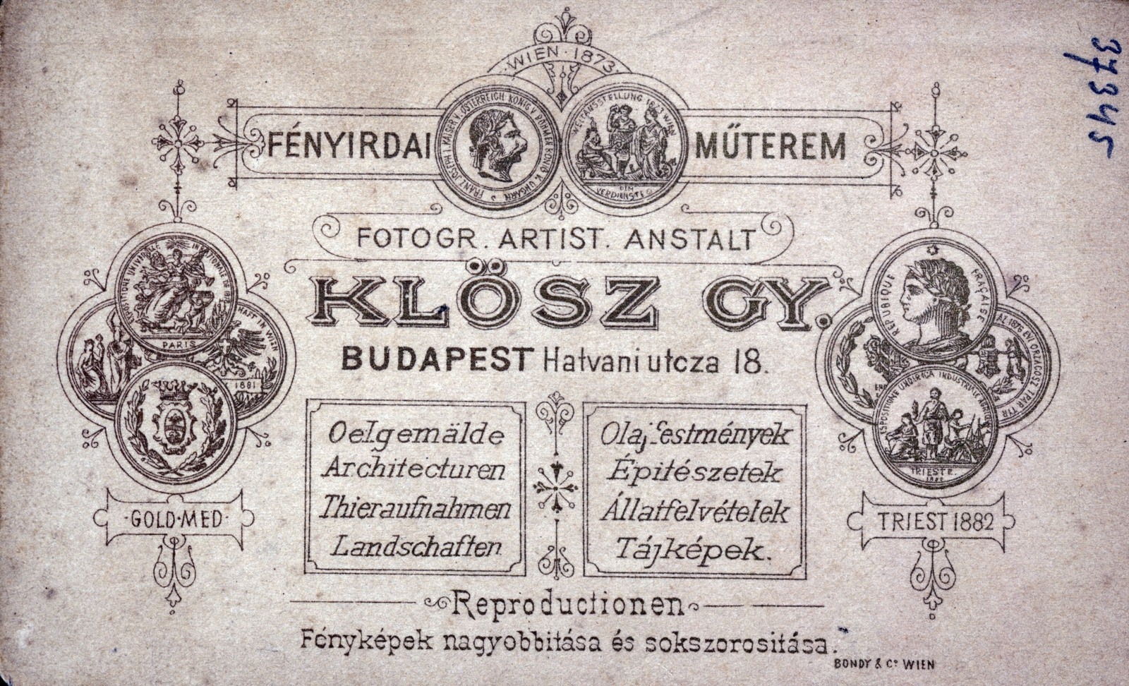 Magyarország, Budapest V., Kossuth Lajos utca (Hatvani utca 18.), Klösz György fényirdai műterme., 1900, Laborcz György, hátlap, fényképész, műterem, Budapest, Fortepan #221292