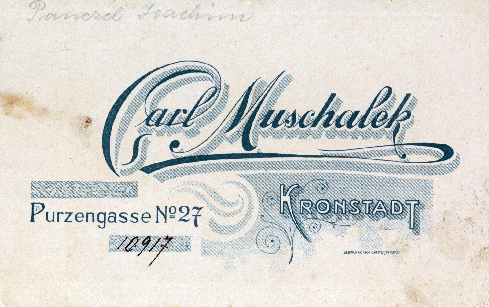 Románia,Erdély, Brassó, Purzengasse 27., Carl Muschalek fényképész., 1903, Fekete Bernadette, hátlap, fényképész, műterem, Fortepan #221304