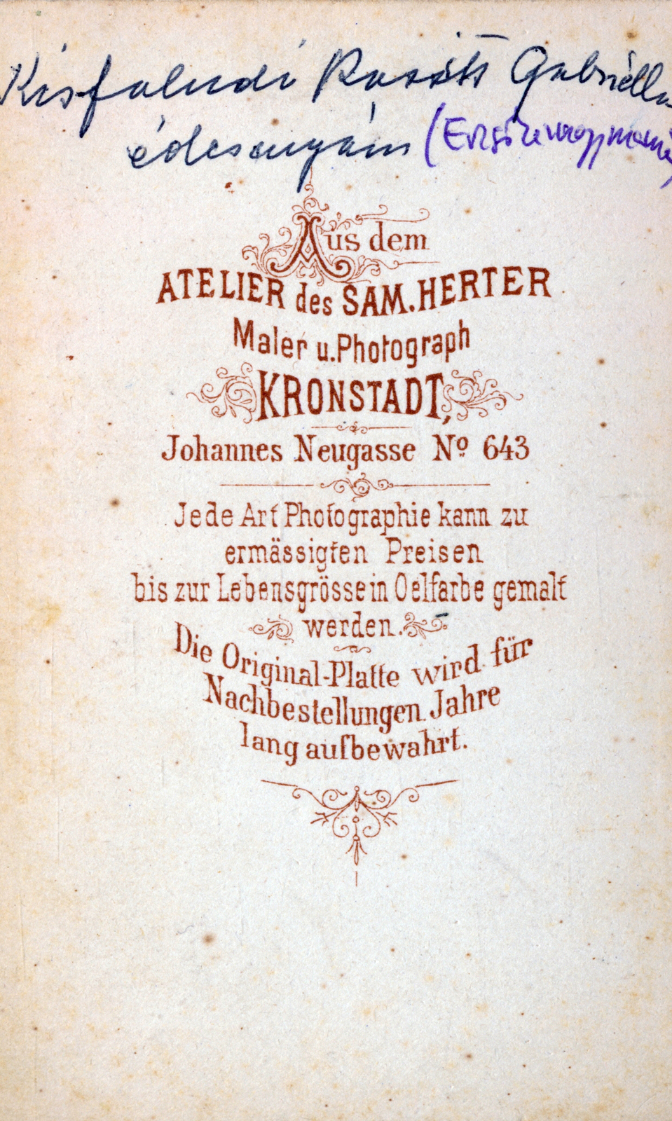 1900, Fekete Bernadette, hátlap, fényképész, műterem, Fortepan #221311