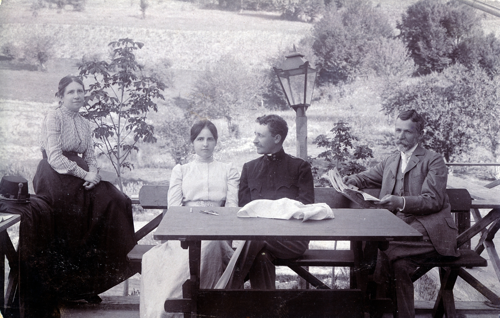 1902, Fekete Bernadette, sitting on a handrail, rest area, terrace, Fortepan #221349
