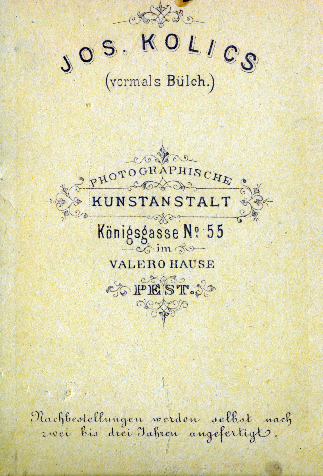 Hungary, Budapest VII., Király utca 55., Kolics József fényképész, 1900, Fekete Bernadette, verso, photographer, studio, Budapest, Fortepan #221370