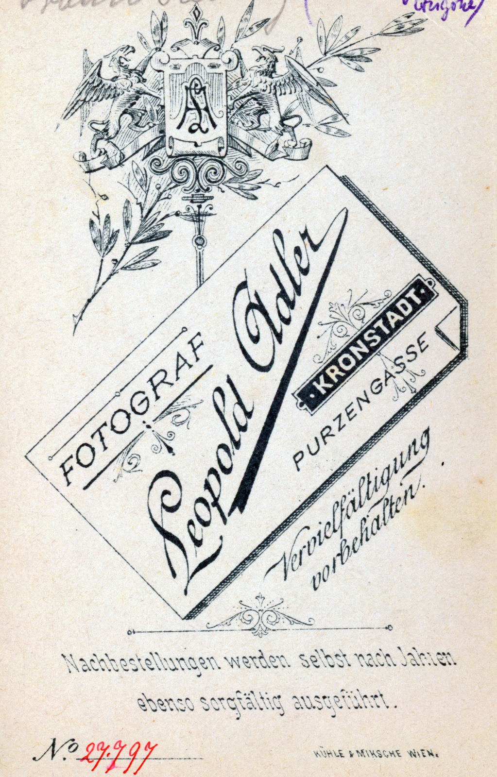 Románia,Erdély, Brassó, Purzengasse, Leopold Adler fényképész műterme., 1900, Fekete Bernadette, hátlap, fényképész, műterem, Fortepan #221374