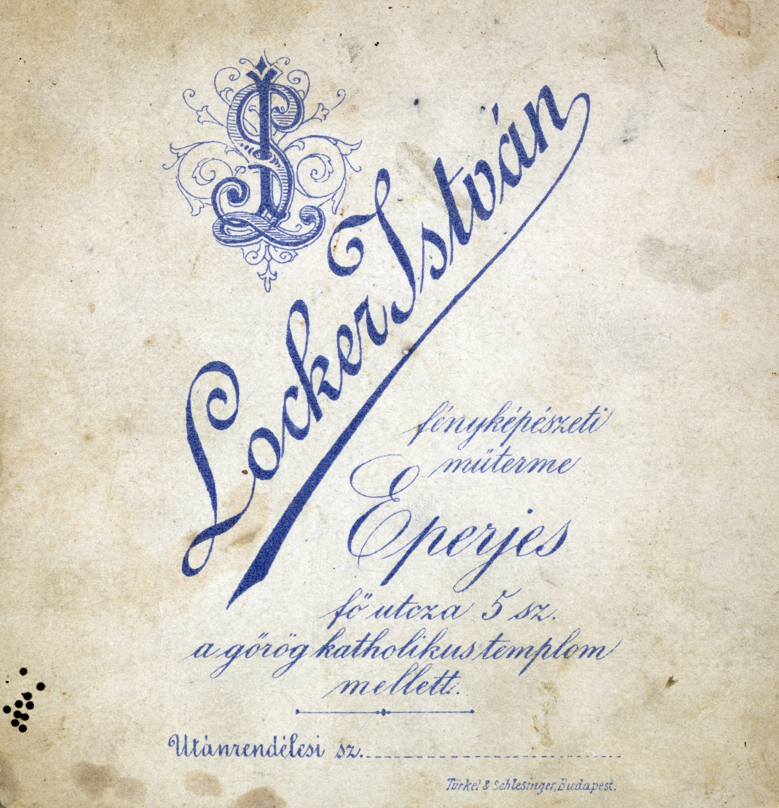 Szlovákia, Eperjes, Fő utca 5, a görög katolikus templom mellett, Locker István fényképészeti műterme., 1906, Schleiner Béla, műterem, hátlap, fényképész, Fortepan #221937