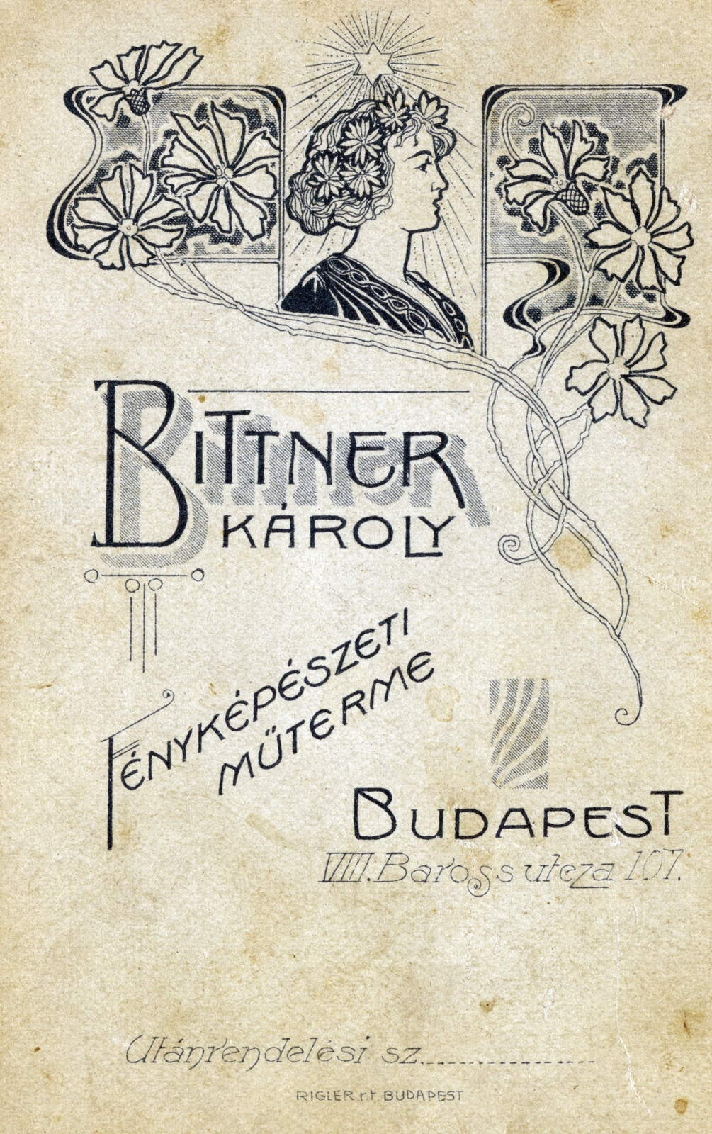 Magyarország, Budapest VIII., Baross utca 107., Bittner Károly fényképészeti műterme., 1900, Philip Györgyné, hátlap, fényképész, műterem, Budapest, Fortepan #221950