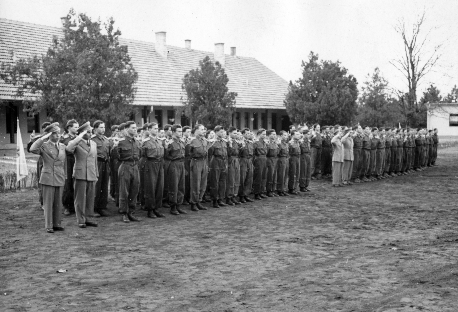 Hungary, Dunakeszi, a felvétel 1953. április 4-én készült, a Magyar Repülő Szövetség Központi Javító Műhelye keretében működő iskola ekkor kapta az Iván Kozsedub repülőiskola nevet., 1953, Nasztanovics Ferenc, salute, uniform, festive, Fortepan #222203