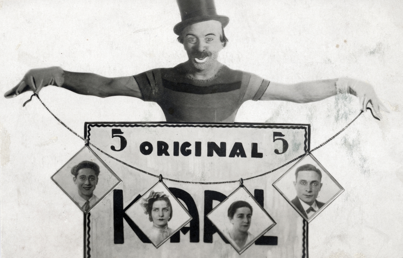 1929, Milkovits Gábor, felirat, reklám, bohóc, cilinder, portré, cirkusz, tipográfia, Fortepan #222235