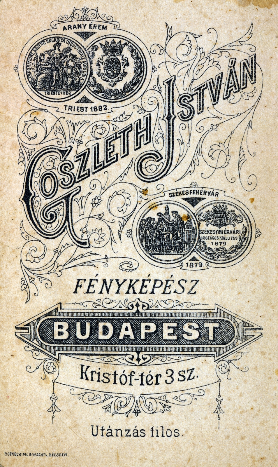 Magyarország, Budapest V., Kristóf tér 3., Goszleth István fényképész., 1900, Milkovits Gábor, hátlap, fényképész, műterem, Budapest, Fortepan #222274