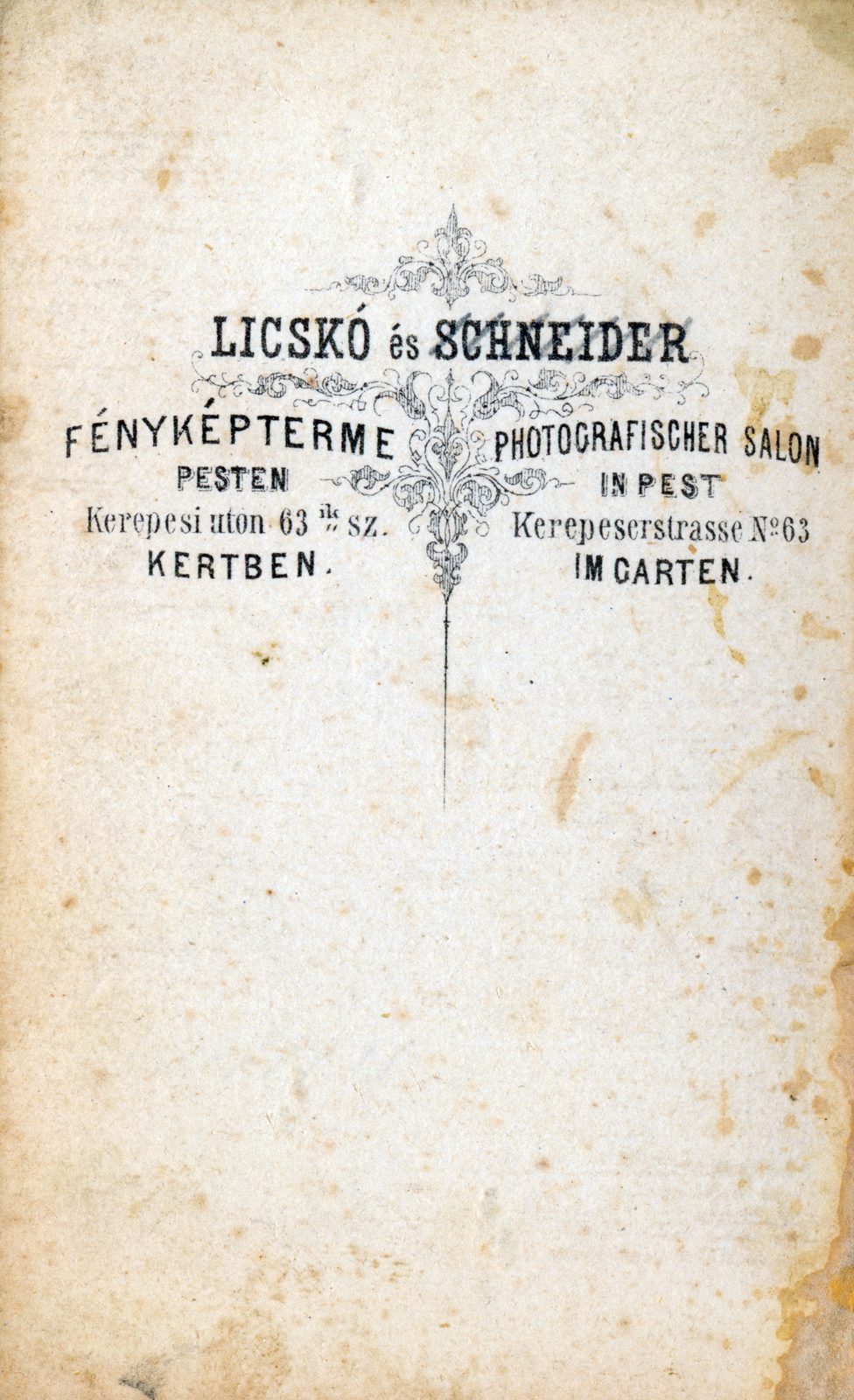 Magyarország, Budapest VIII., Rákóczi (Kerepesi) út 63., Licskó és Schneider fényképterme., 1900, Milkovits Gábor, hátlap, fényképész, műterem, Budapest, Fortepan #222287