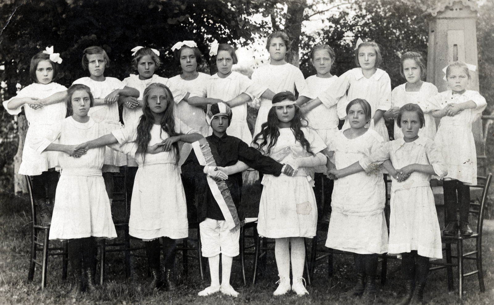 1920, Milkó, costume, tableau, standing on a chair, sash, Fortepan #222523