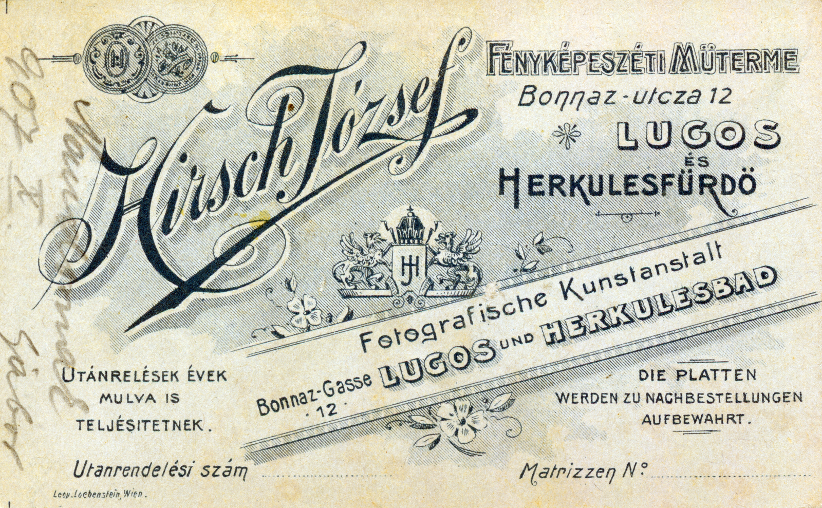 Románia, Lugos, Bonnaz utca 12., Hirsch József fényképészeti műterme. Herkulesfürdő--n is, 1907, Sík Endre, hátlap, Fortepan #222664