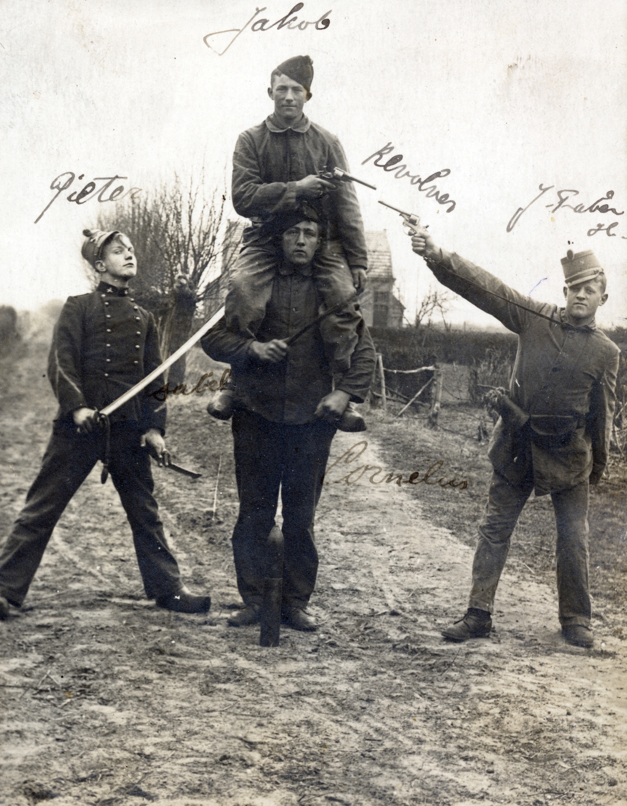1912, Szöllősi Lászlóné, pistol, sword, pistol holster, military, jesting, sitting on the shoulders, Fortepan #222771