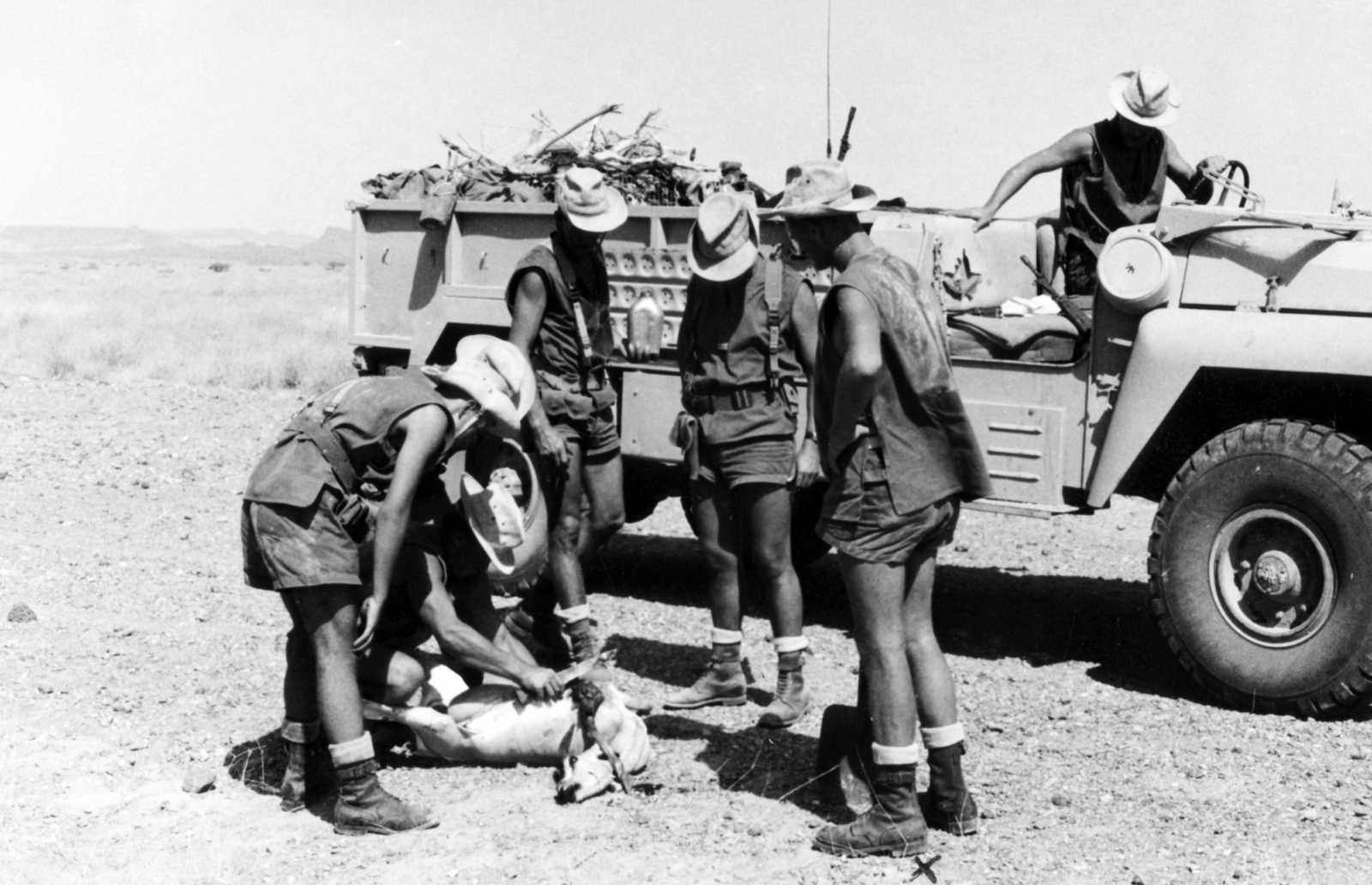 a Francia Idegenlégió 13. könnyűdandár 4. százada., 1968, Szöllősi Lászlóné, French solider, off-roader, shorts, hunting, Fortepan #222831