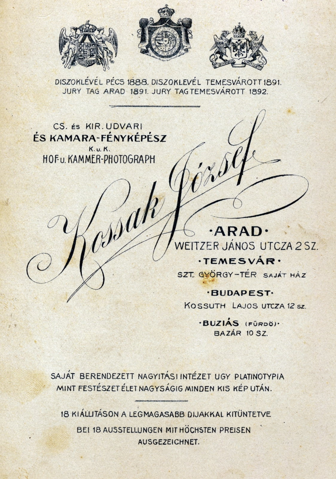 Romania,Transylvania,Hungary, Arad,Timisoara,Budapest V., Weitzer János utca 2. / Szent György tér / Kossuth Lajos utca 12. / Bazár 10., Kossak József fényképész., 1900, Major Lajos, verso, photographer, studio, Budapest, Fortepan #222979