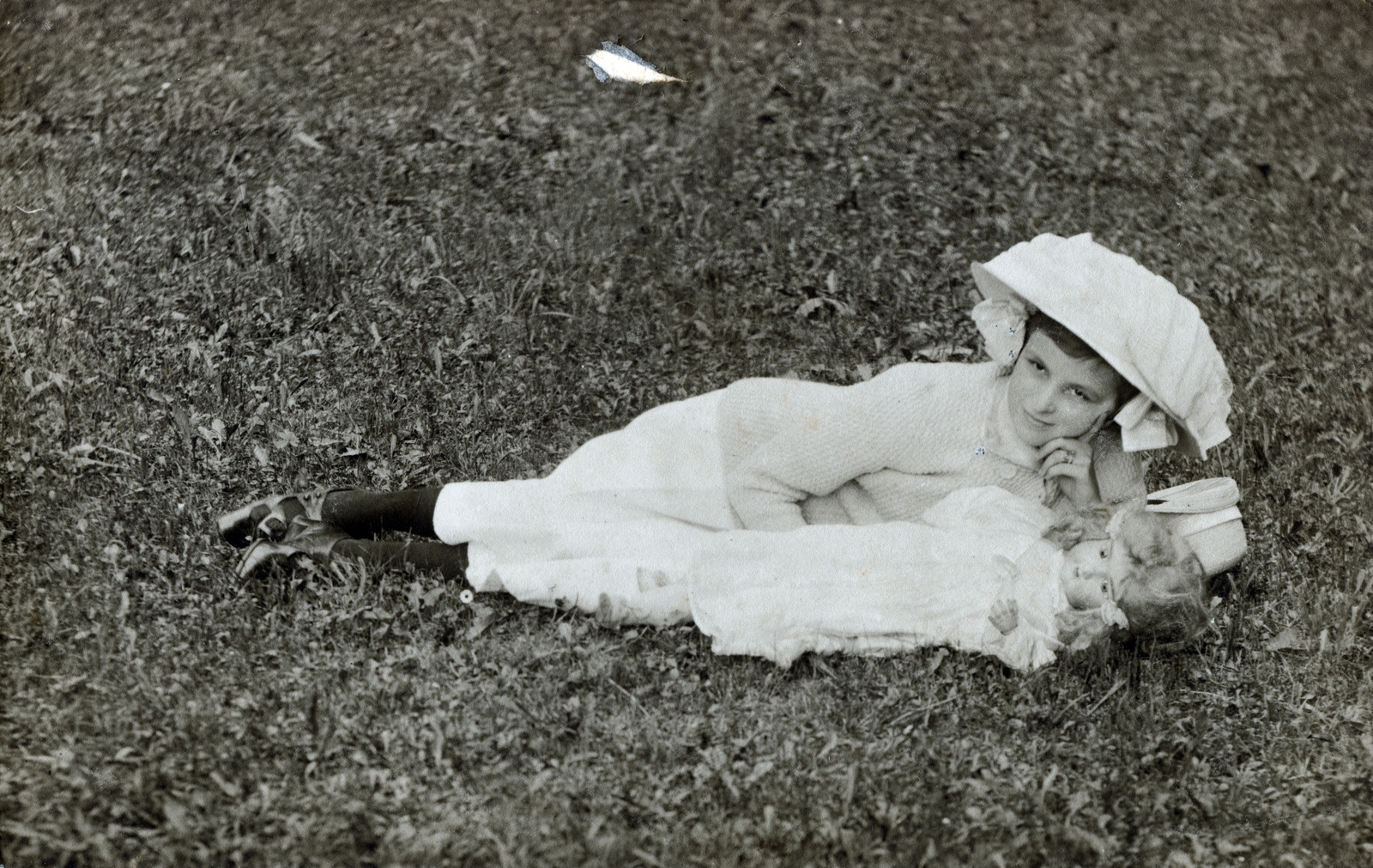 1912, Major Lajos, hat, doll, kid, white dress, Fortepan #222989