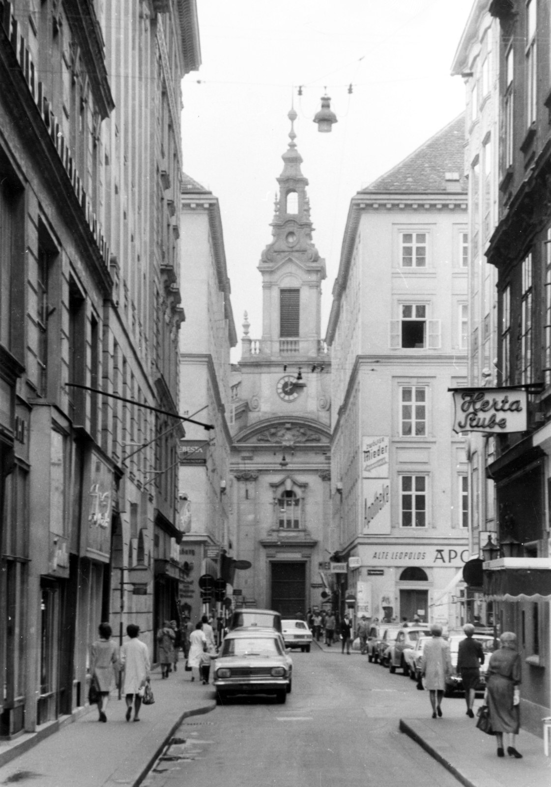 Austria, Vienna, Plankengasse a Spiegelgasse kereszteződésénél, szemben a református templom., 1964, Almássy László, church, street view, Fortepan #223027