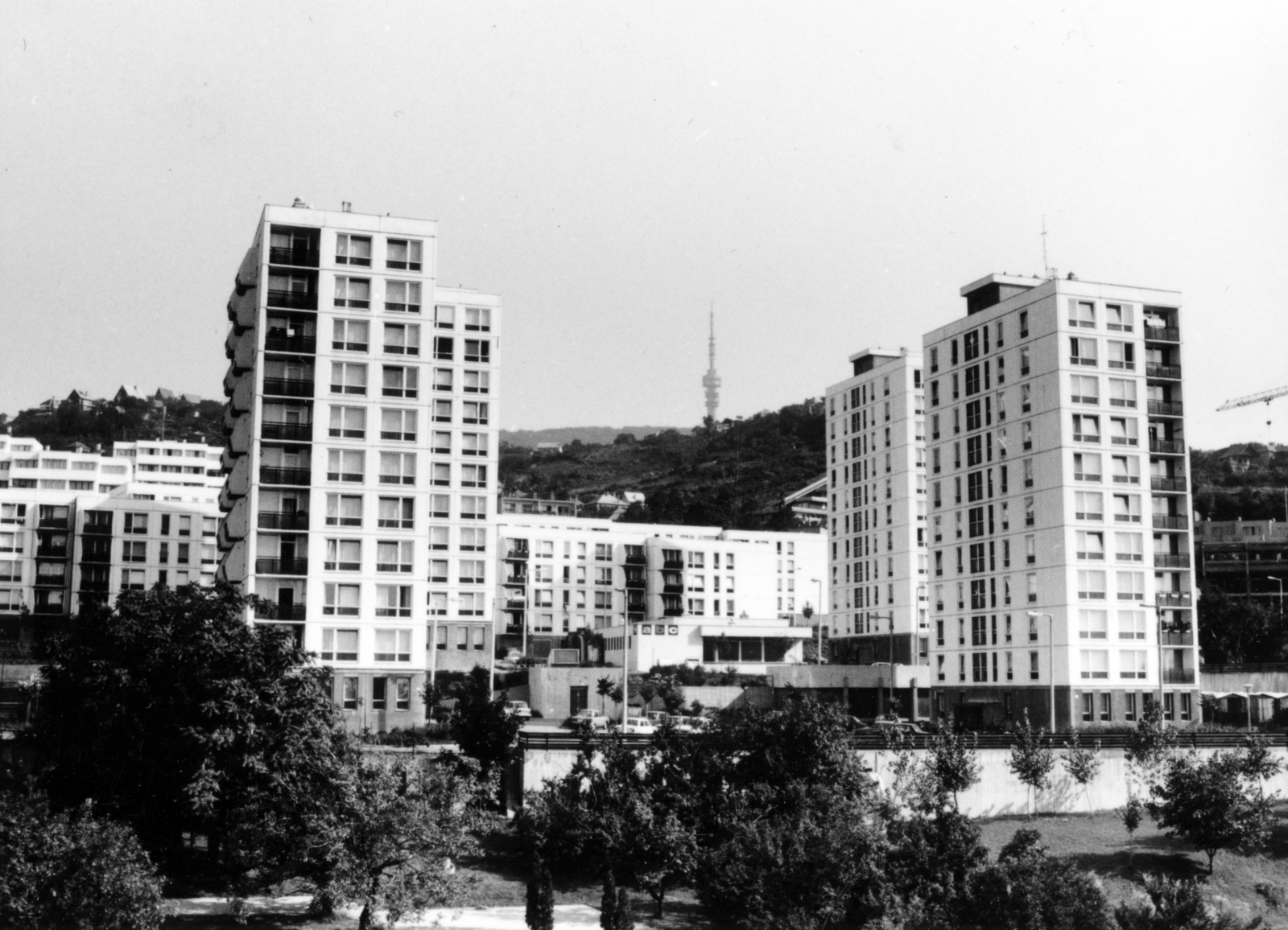 Hungary, Pécs, a Bornemissza Gergely utca 10 emeletes házai, háttérben a TV adótorony a Misina tetőn., 1981, Almássy László, tall house, Fortepan #223124