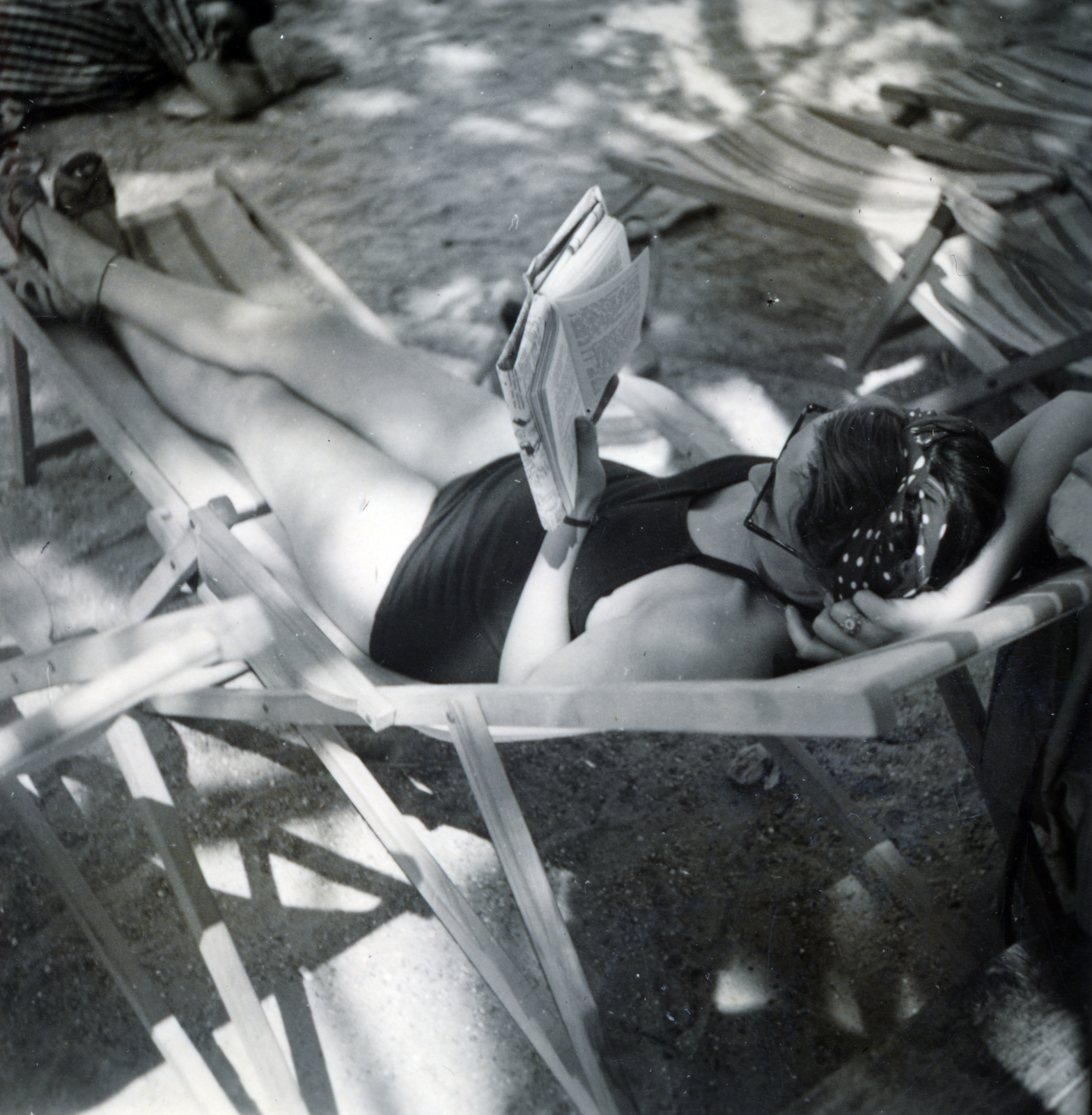 1933, Róna Annamária, reading, bathing suit, deck chair, shadow, Fortepan #223282