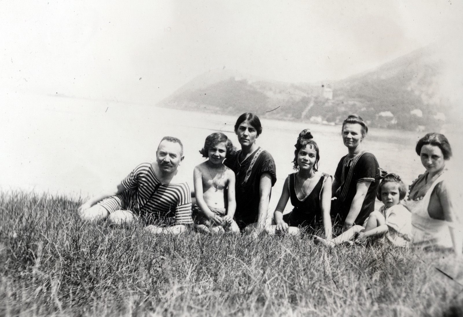Hungary,Danube Bend, szemben Visegrád., 1912, Róna Annamária, bathing suit, lie in the grass, Fortepan #223375