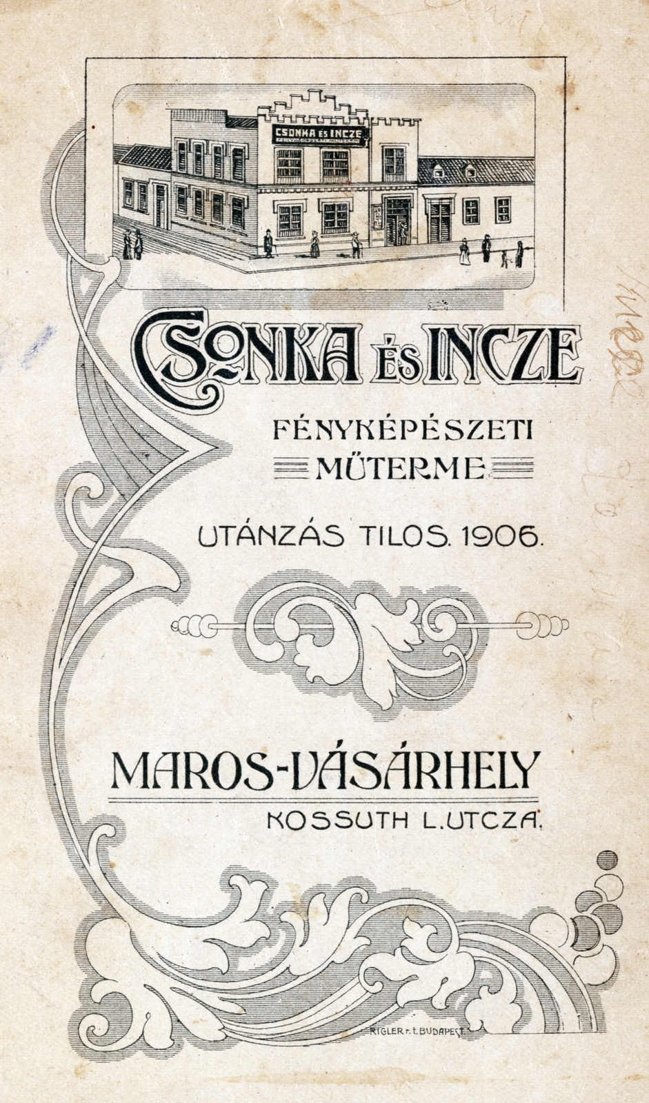 Románia,Erdély, Marosvásárhely, Kossuth Lajos utca, Csonka és Incze fényképészeti műterme., 1906, Kálnoki Kis Sándor, műterem, hátlap, fényképész, Fortepan #223863